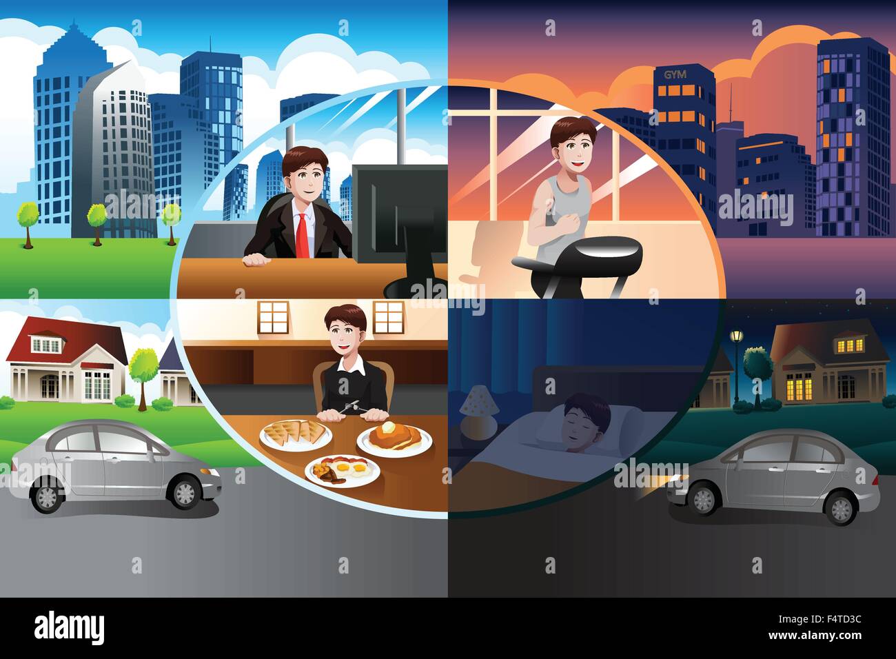 A vector illustration of day in life of modern man Stock Vector