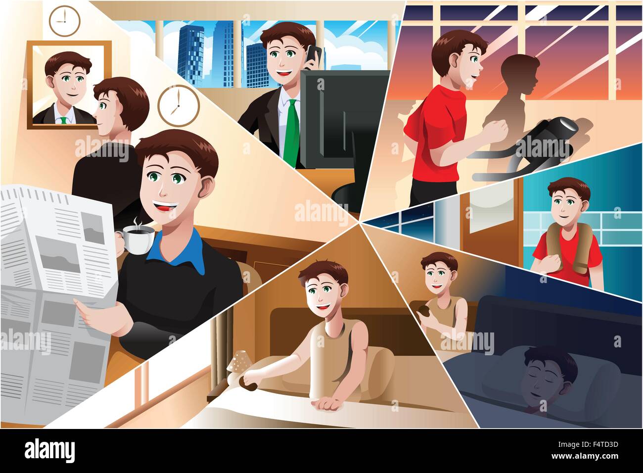 A vector illustration of day in life of modern man Stock Vector