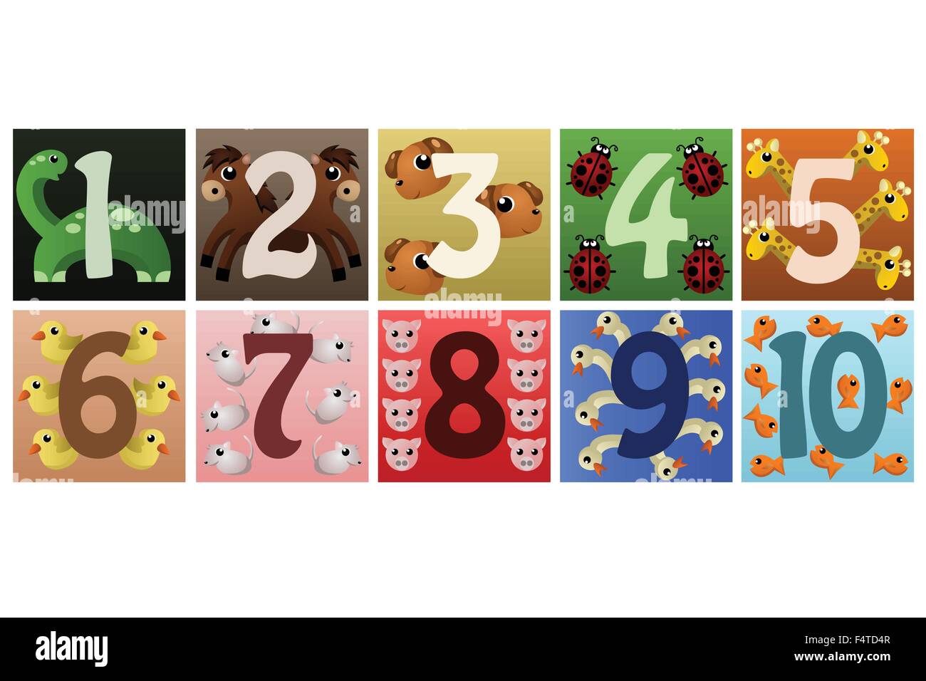 A vector illustration of a set of numbers with cute animals Stock Vector