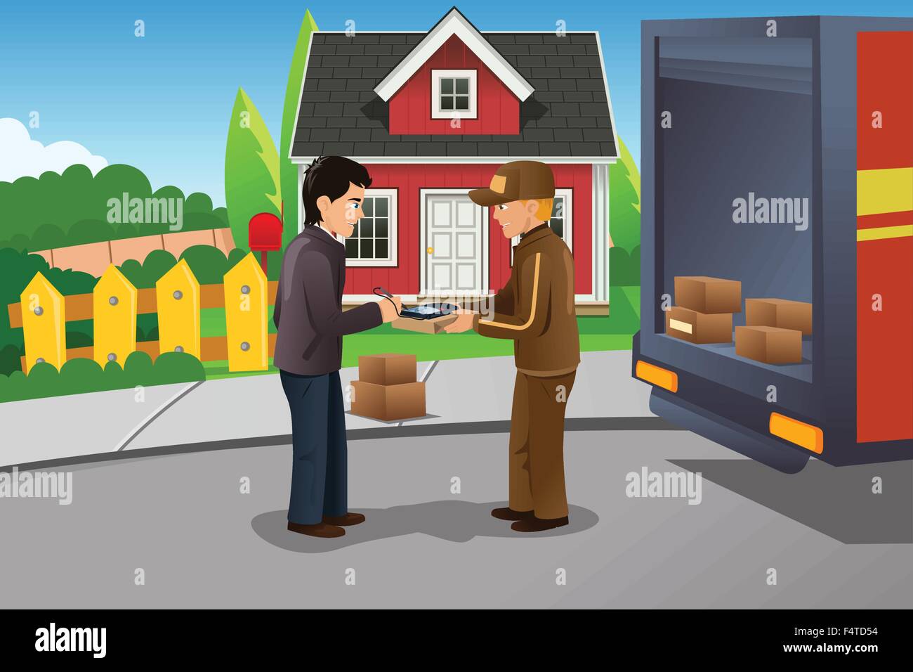 A vector illustration of mailman delivering package Stock Vector