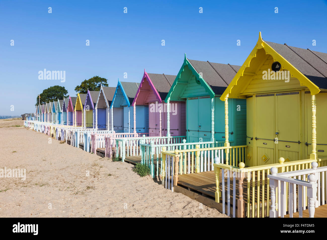 England, Essex, Mersea Island, Beach Huts Stock Photo