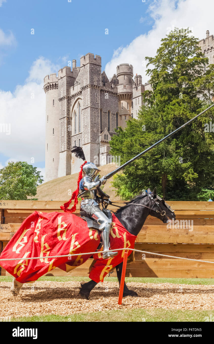 England, West Sussex, Arundel, Arundel Castle, Jousting Knight on Horseback Stock Photo