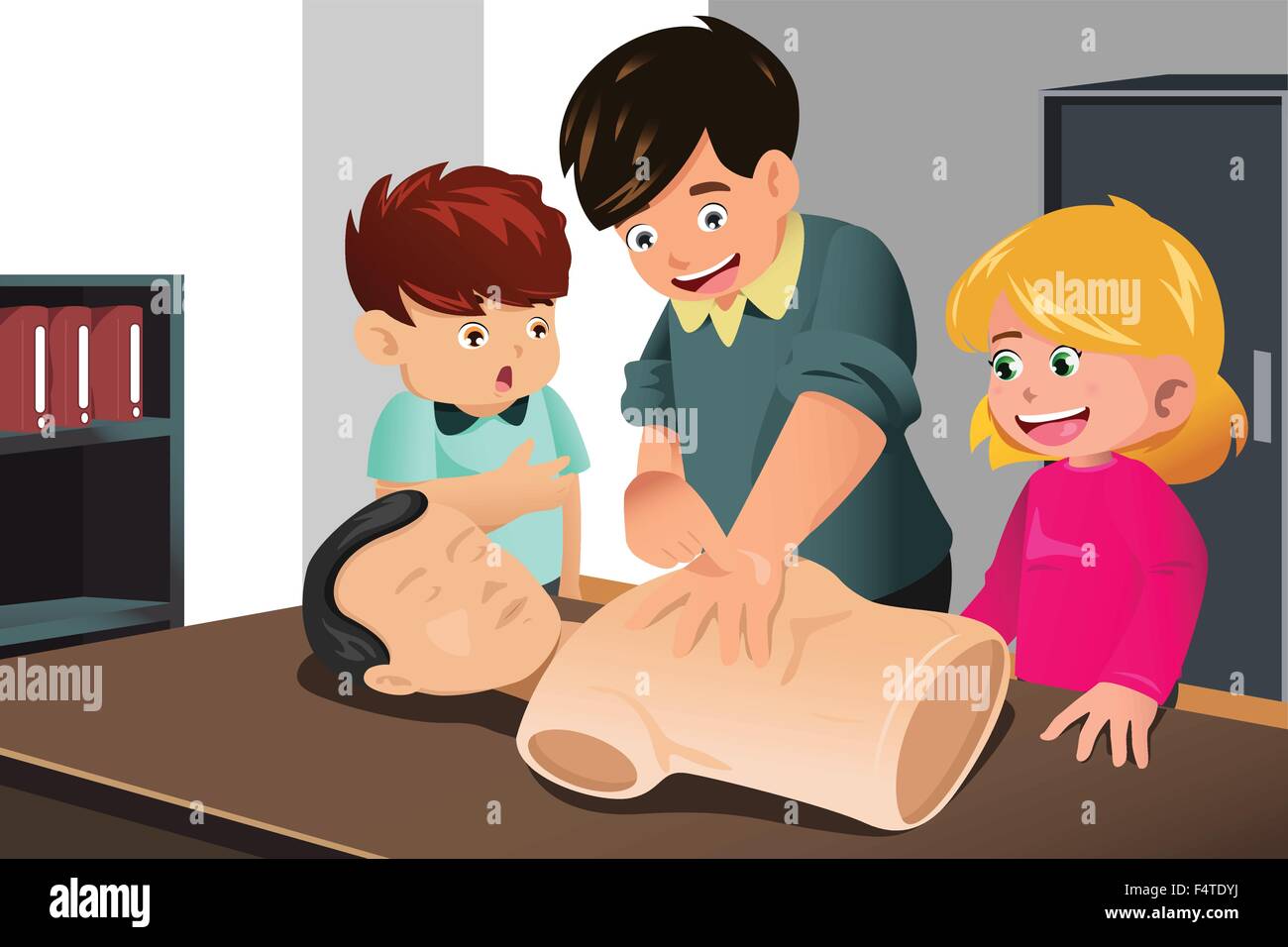 A vector illustration of kids practicing CPR on a mannequin with their instructor Stock Vector
