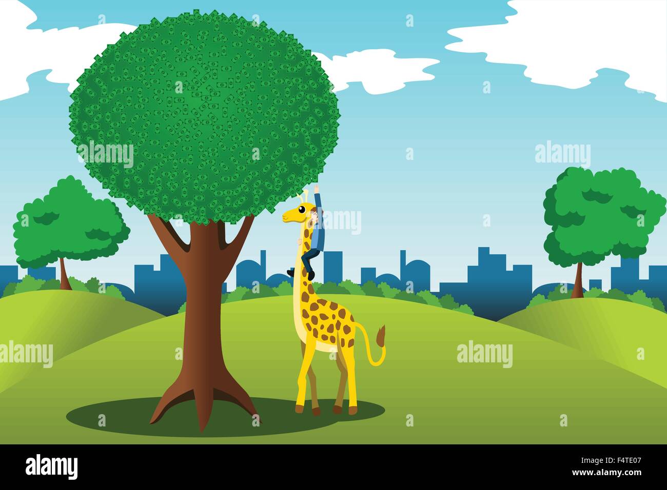 A vector illustration of man trying to reach money on a tall money tree while riding on a giraffe Stock Vector
