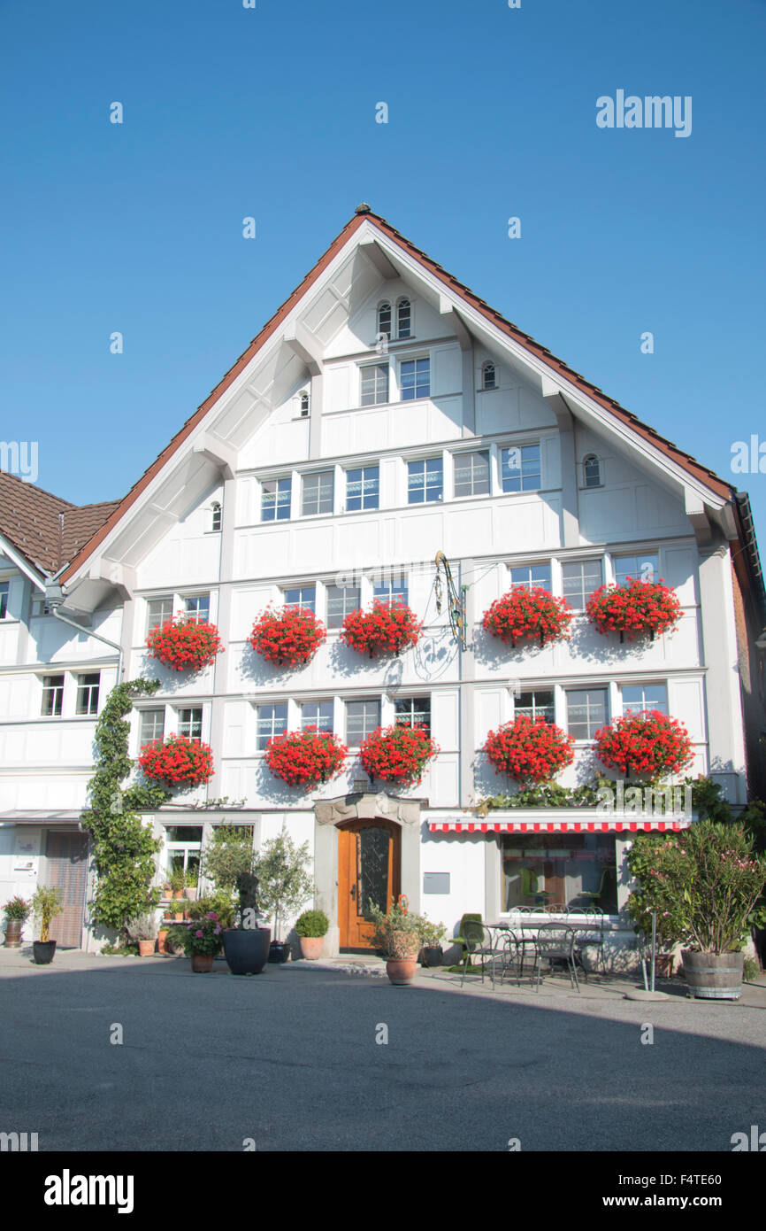 Switzerland, Europe, Stein, Appenzell  Ausserrhoden, village, houses, homes, geraniums, facade Stock Photo