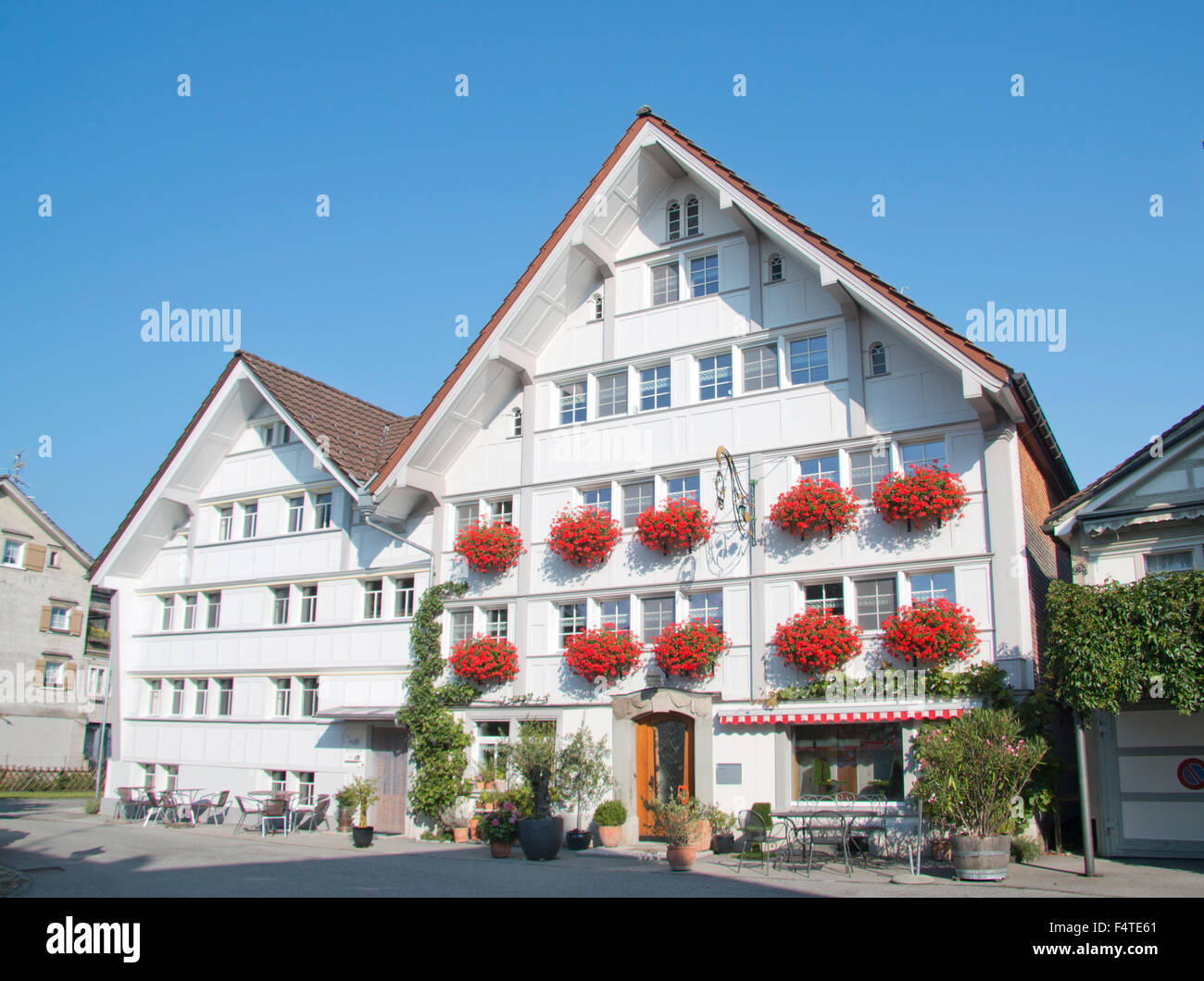 Switzerland, Europe, Stein, Appenzell  Ausserrhoden, village, houses, homes, geraniums, facade Stock Photo