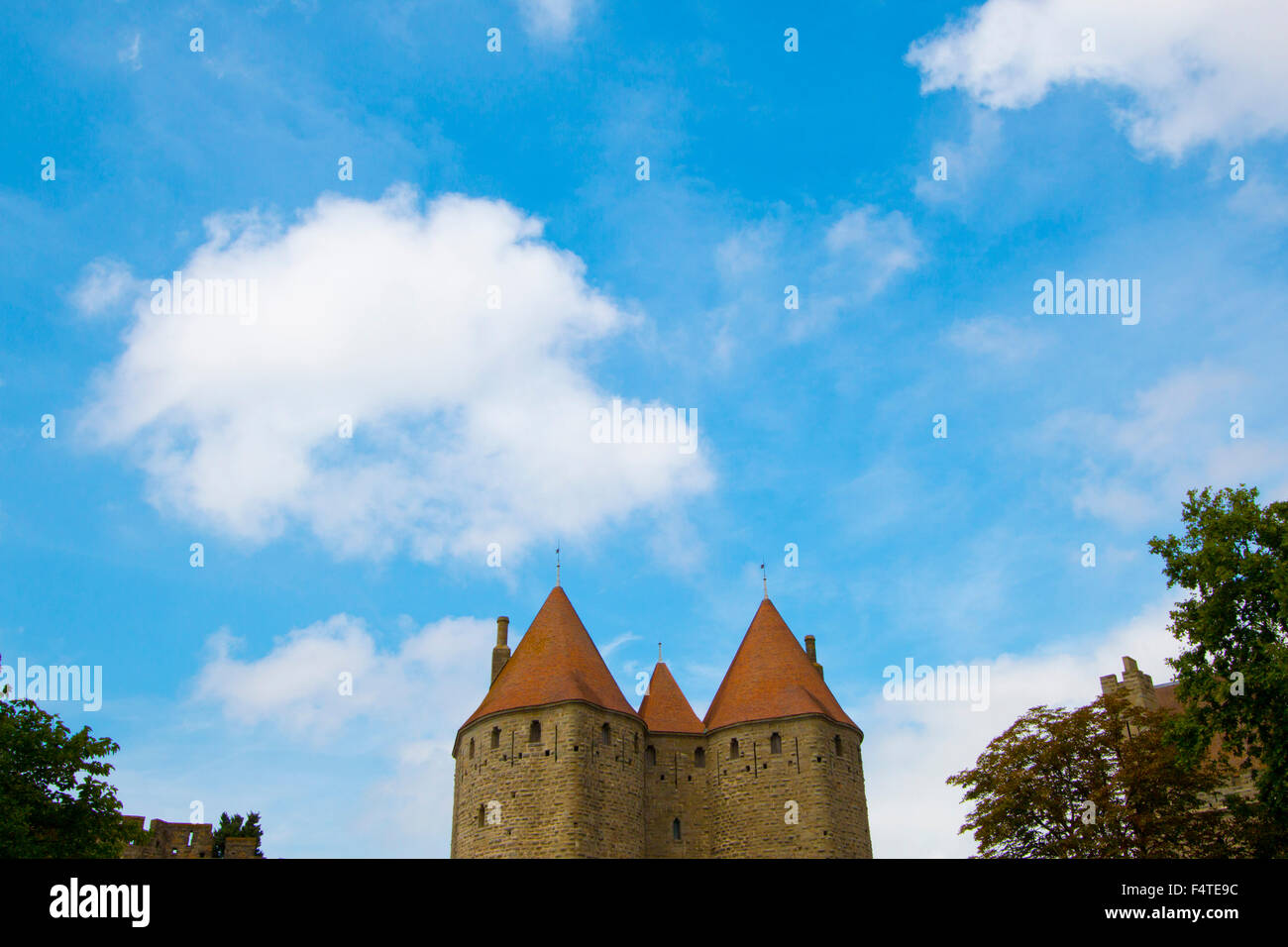 France, Europe, department Aude, Carcassonne, Languedoc-Roussillon, Cite, castle, medieval, Porte Narbonnaise, towers, Stock Photo