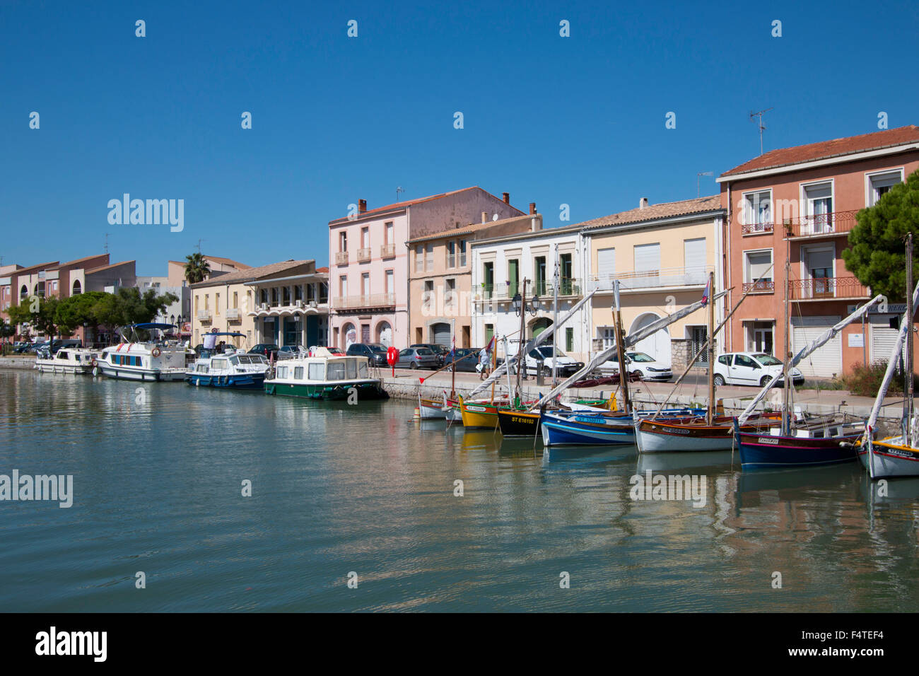 France, Europe, Frontignan, Languedoc-Roussillon, Herault, Quai, canal, waterway, boats, Stock Photo