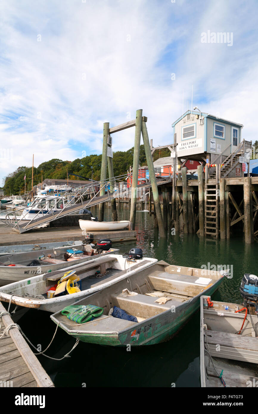 Boats moored in Freeport Harbor on the Harraseeket River, Freeport, Maine USA Stock Photo