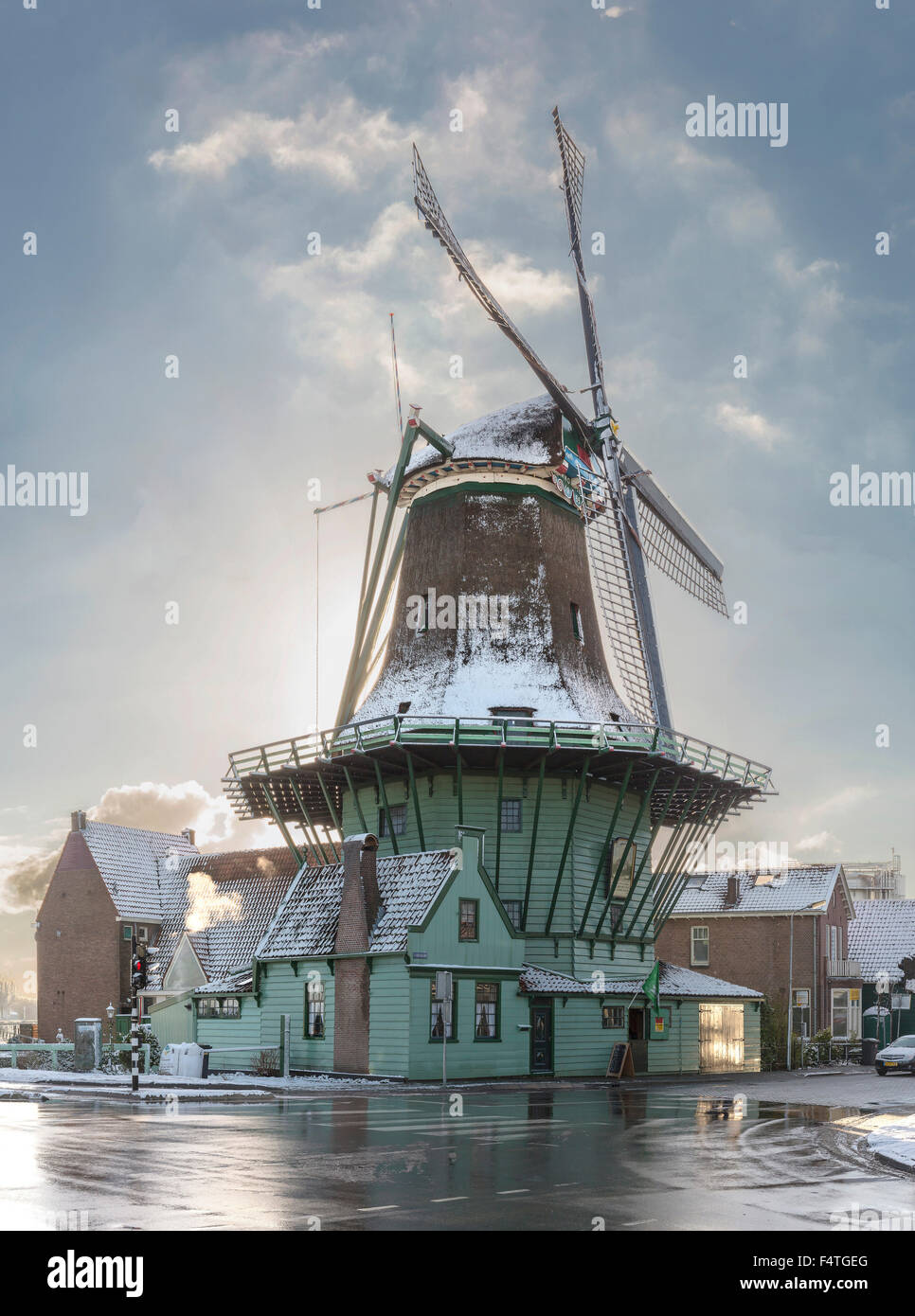 Flower- and hulling windmill called De Koker Stock Photo