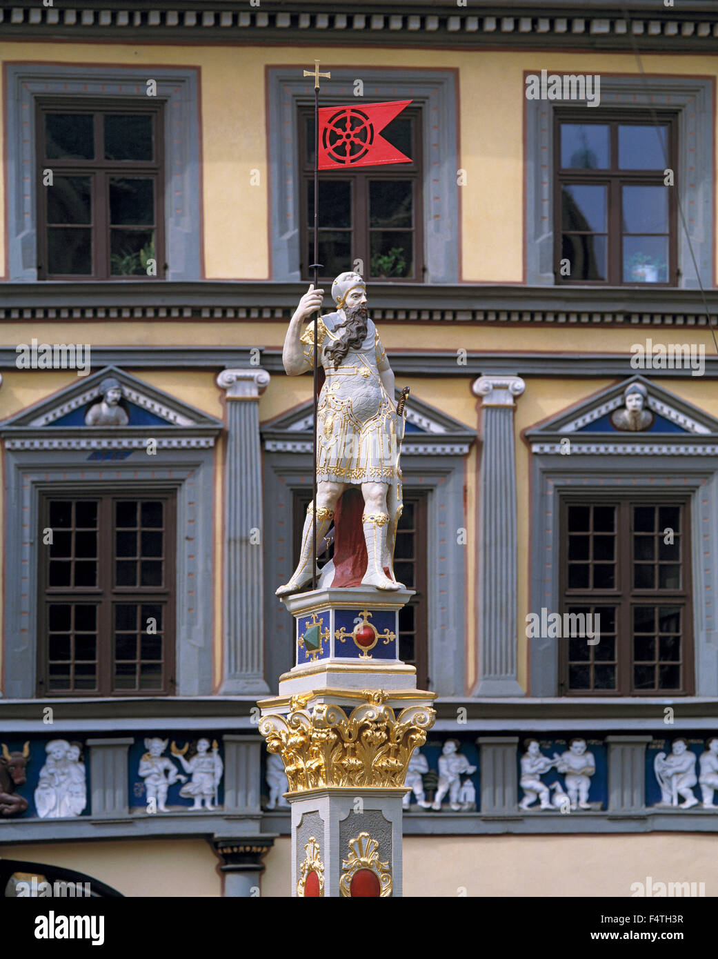 Germany, Europe, Thuringia, Erfurt, statue, Israel of Milla, house, home, red oxen, fish market, restaurant Stock Photo