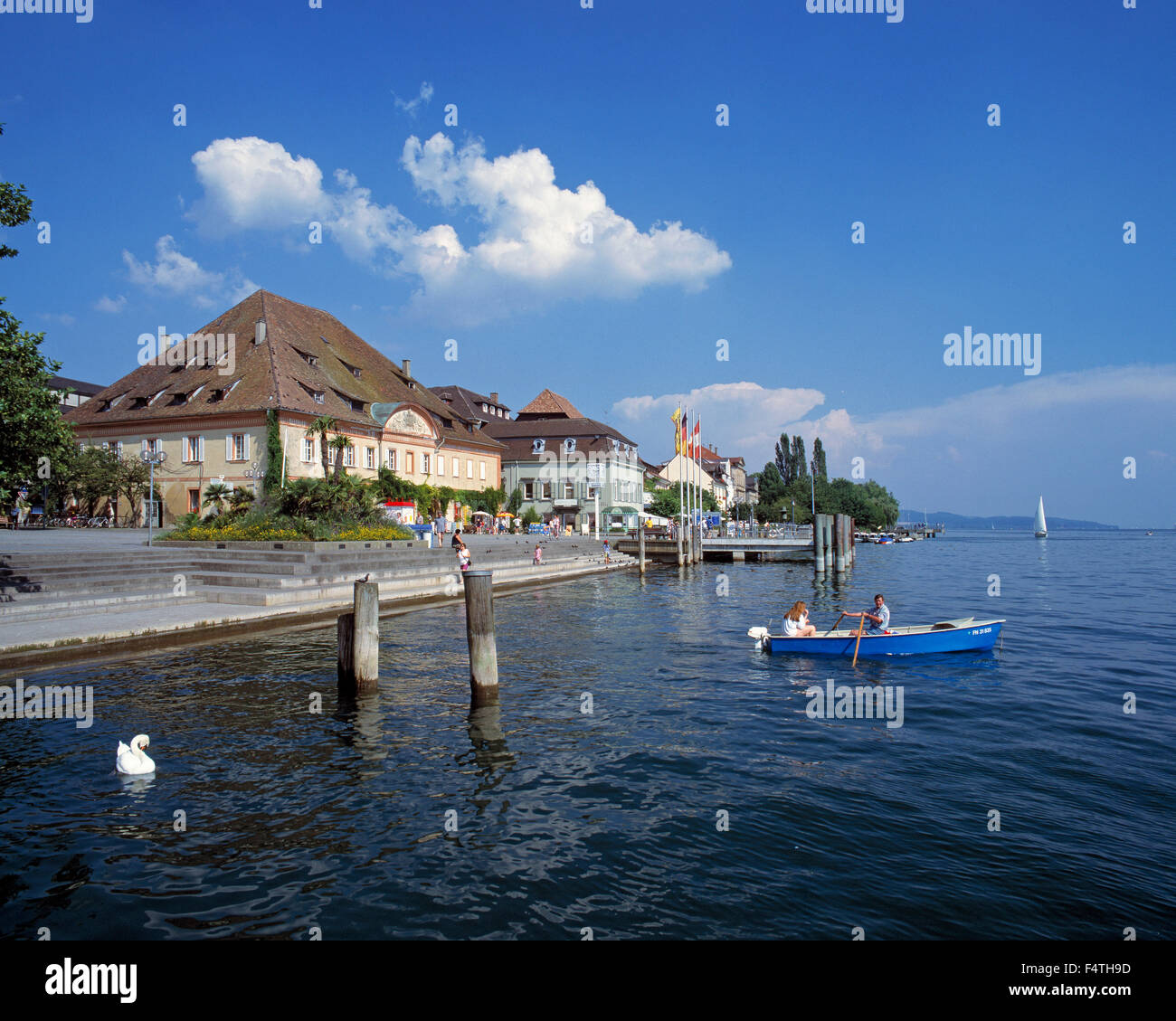 Germany, Europe, Baden-Wurttemberg, Ueberlingen, lake shore promenade, grain store, Greth, Linzgau, Lake of Constance, oar boat, Stock Photo
