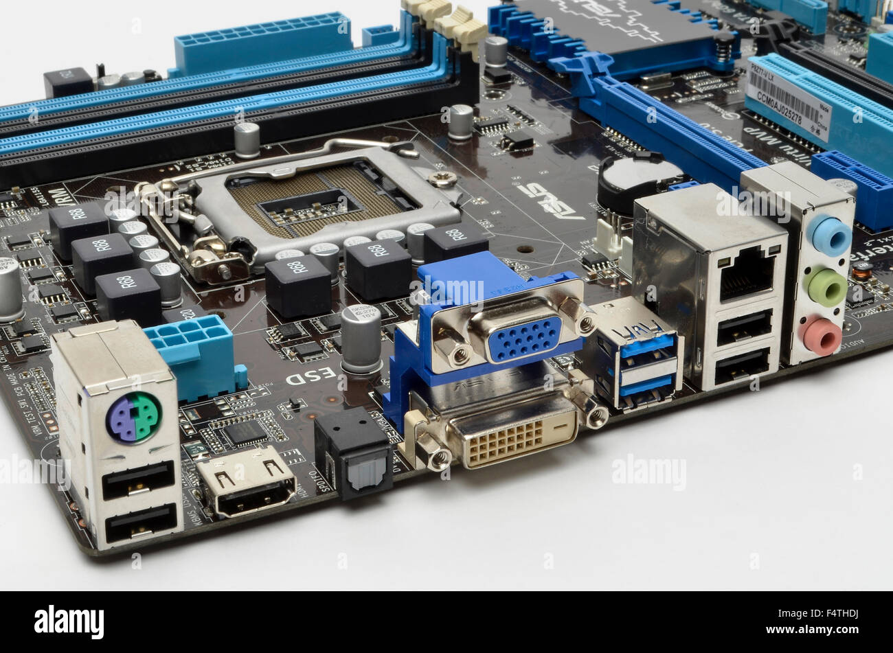 I/O ports on the rear of an ASUS motherboard, including keyboard, USB, HDMI, S/PDIF, VGA, DVI-D, ethernet, and audio sockets. Stock Photo