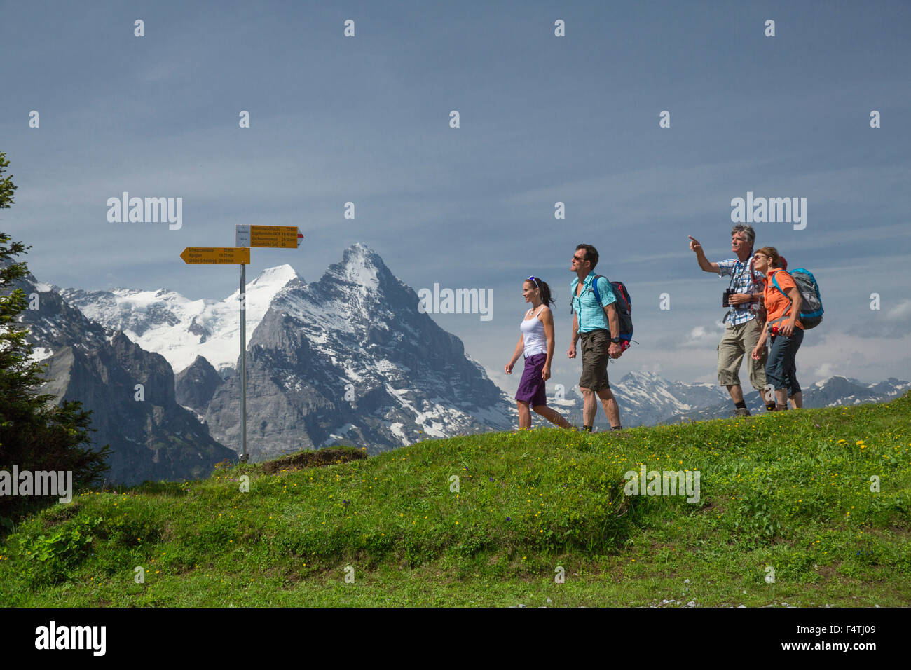 Hiker on Grosse Scheidegg, in front of Eiger and monk, Stock Photo