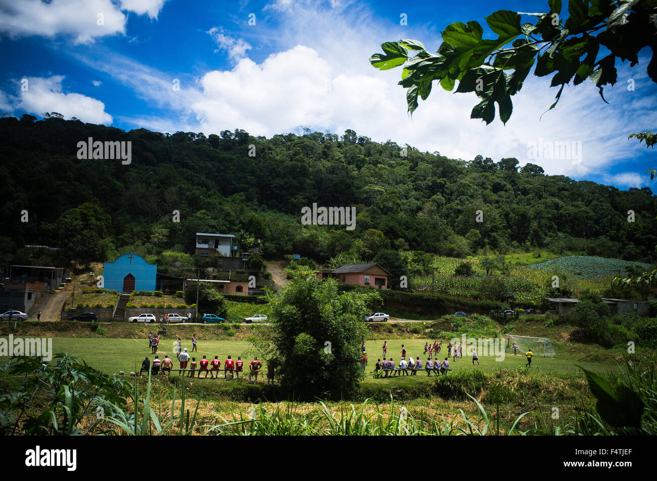 Soccer game in countryside Brazil. Nova Friburgo city rural area, Rio de Janeiro state. Stock Photo