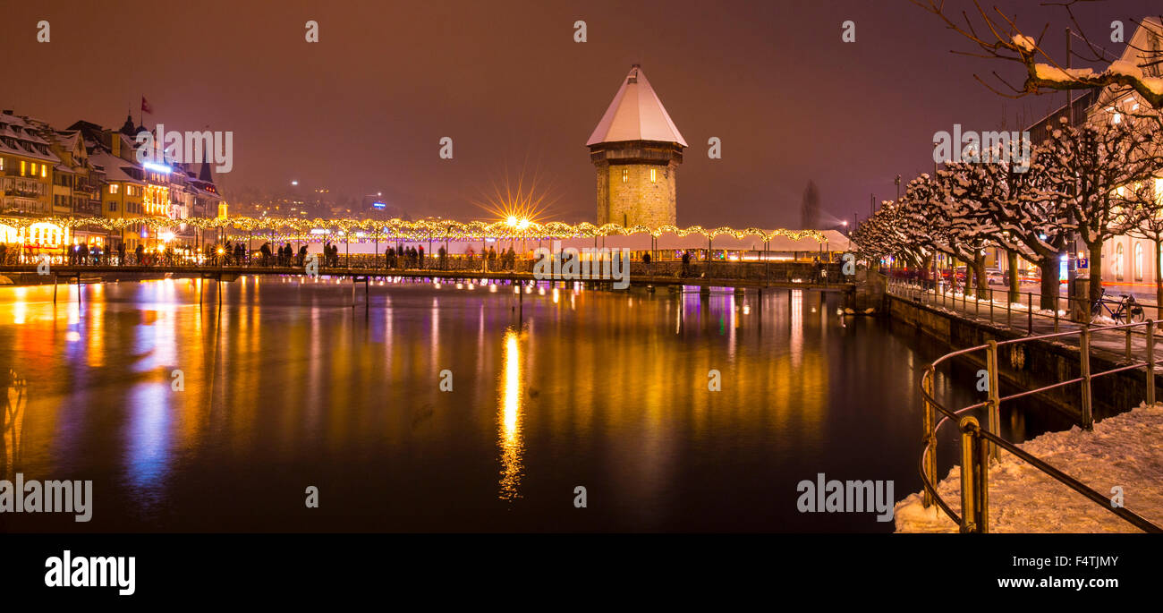 Chapel bridge in Lucerne at night, night, Stock Photo