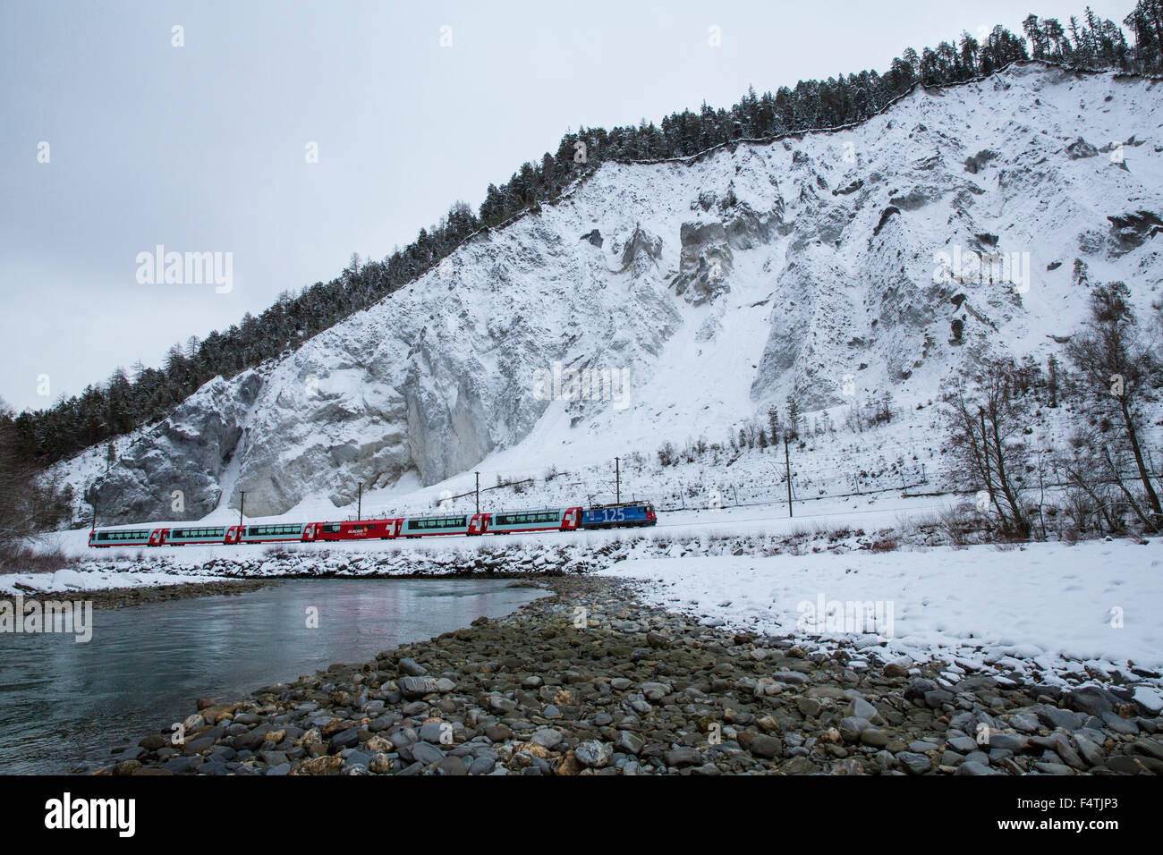 Glacier express, train in Rhine gulch near Versam, Stock Photo
