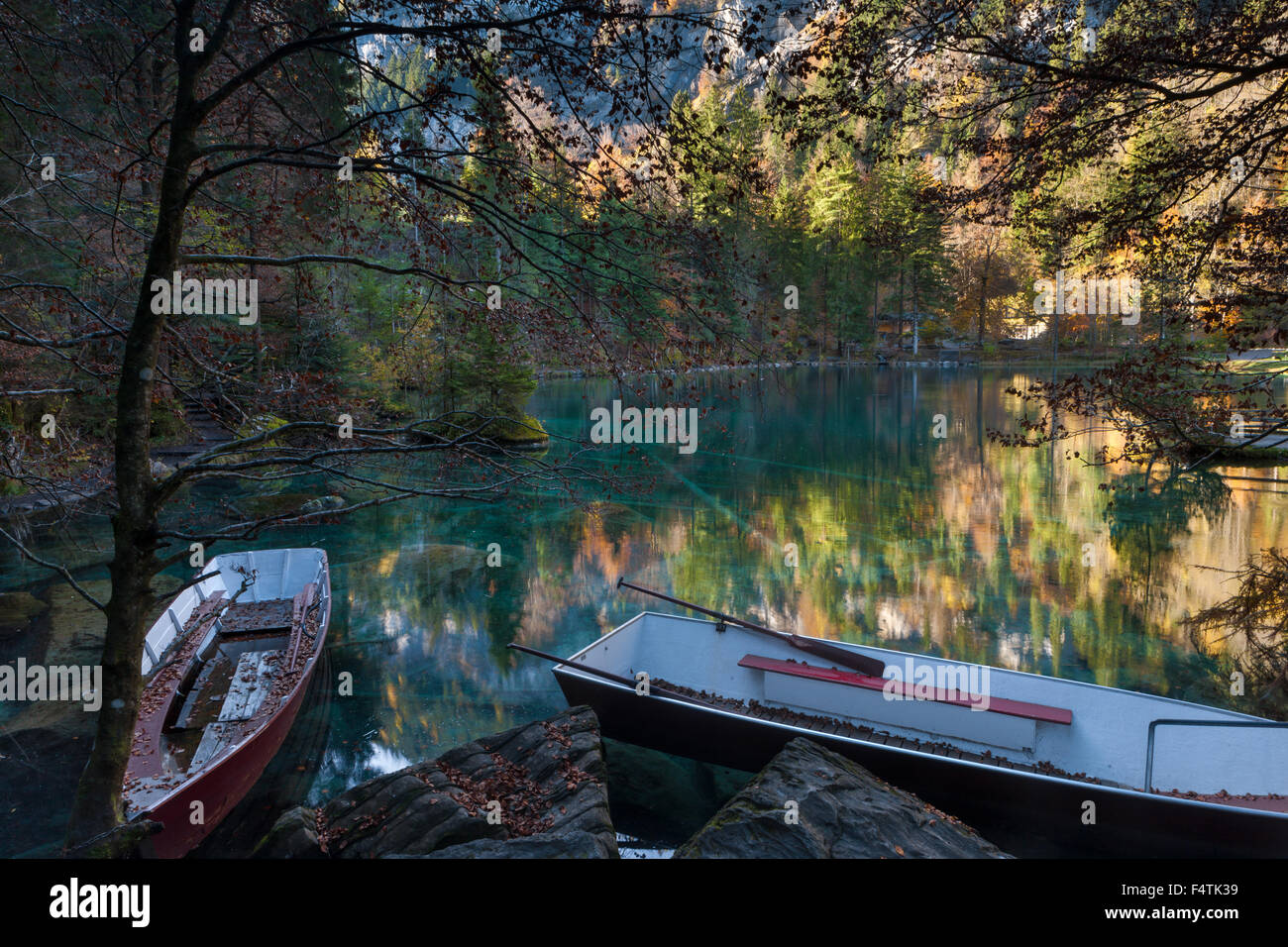 Blue lake, Blausee, lake, Switzerland, canton Bern, Bernese Oberland, forest lake, travel, destination, boats, autumn Stock Photo