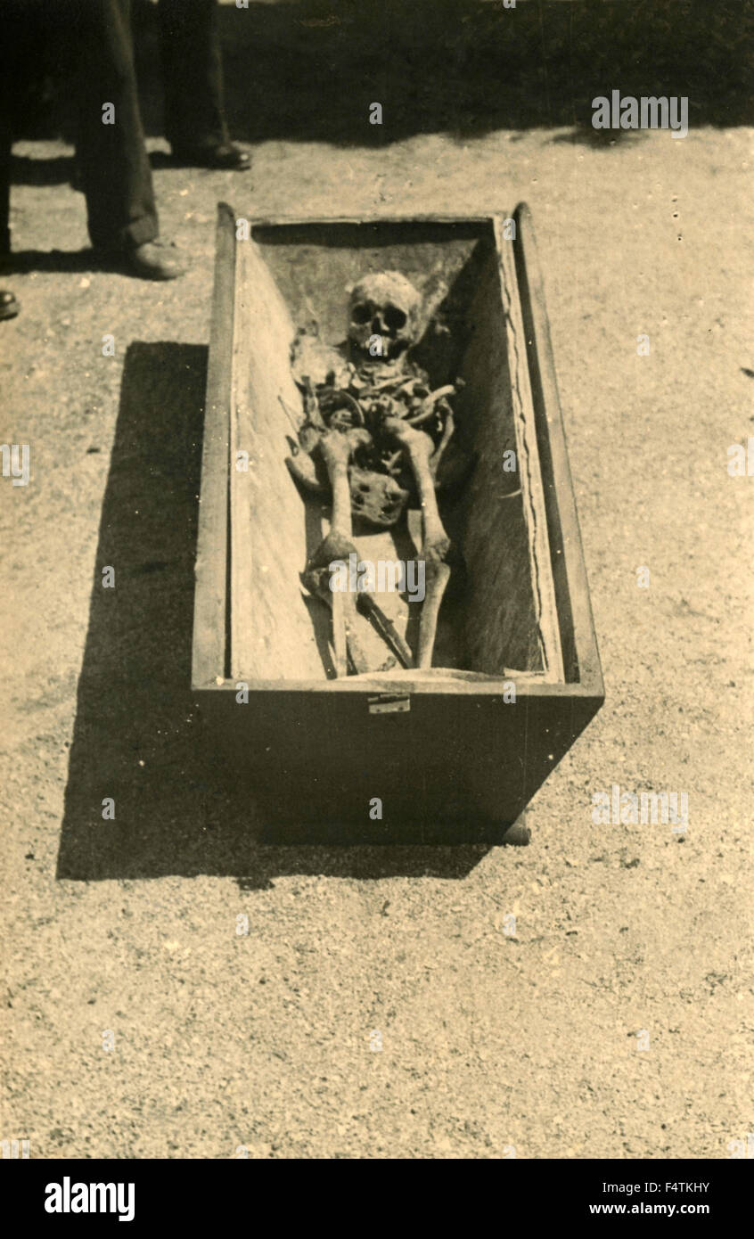 A skeleton in a small coffin Stock Photo