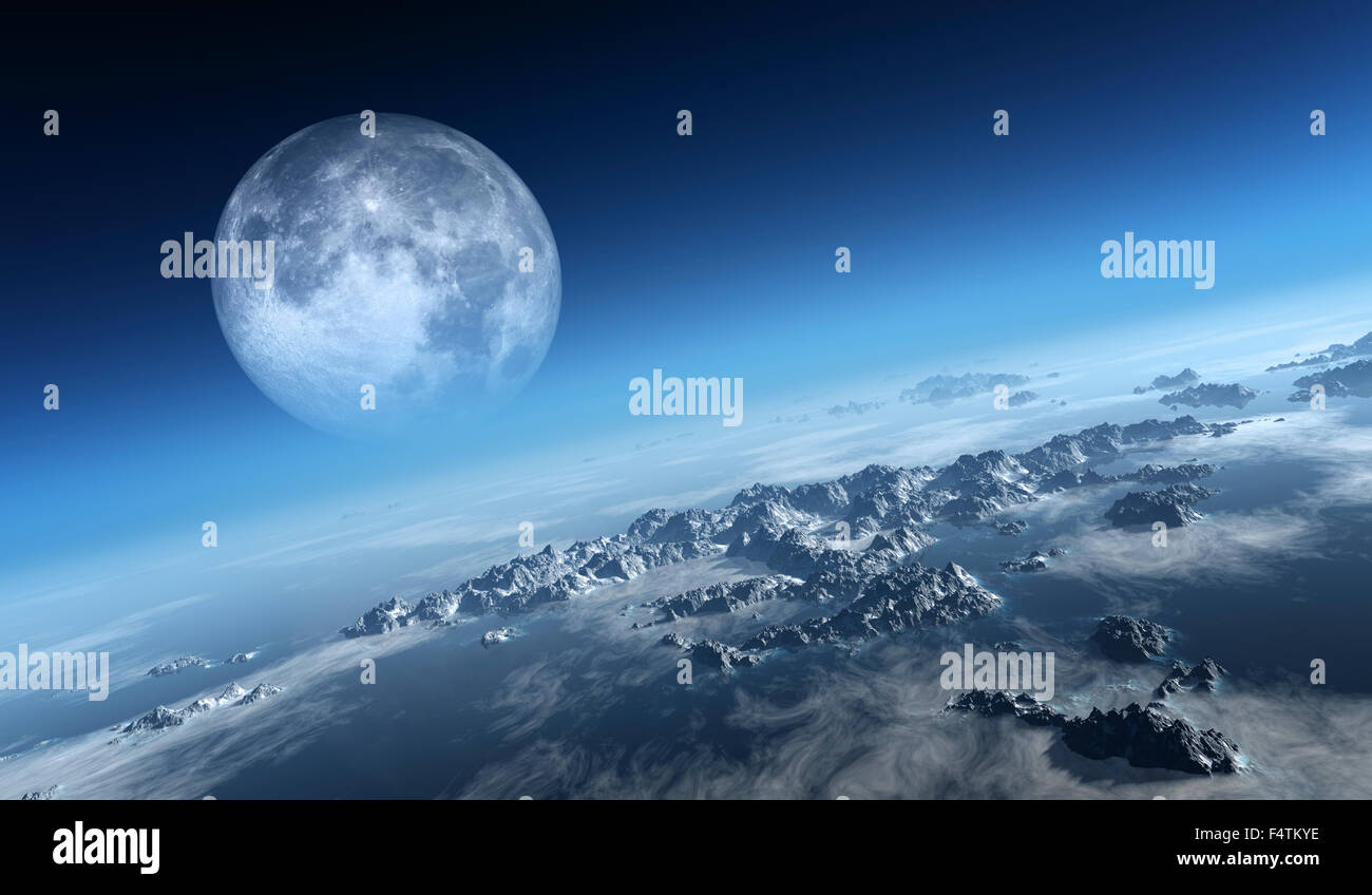 Planet Earth icy ocean and rocky islands with moon seen from space (Texture moon-map for 3d art from NASA) Stock Photo