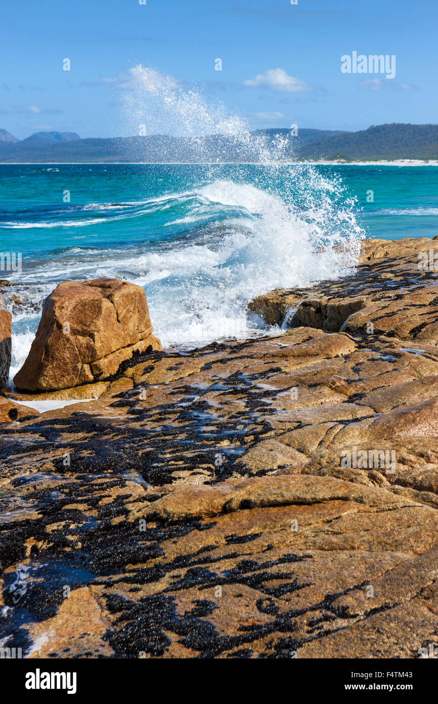 Friendly Beaches, Australia, Tasmania, east coast, sea, coast, waves, rocks, cliffs, Stock Photo
