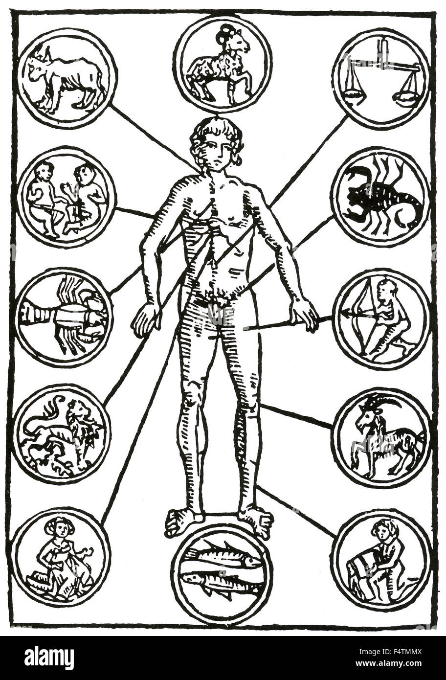 ZODIAC MAN Homo signorum  A simple 15th century German woodcut showing the parts of the zodiac associated with various parts of the human body Stock Photo