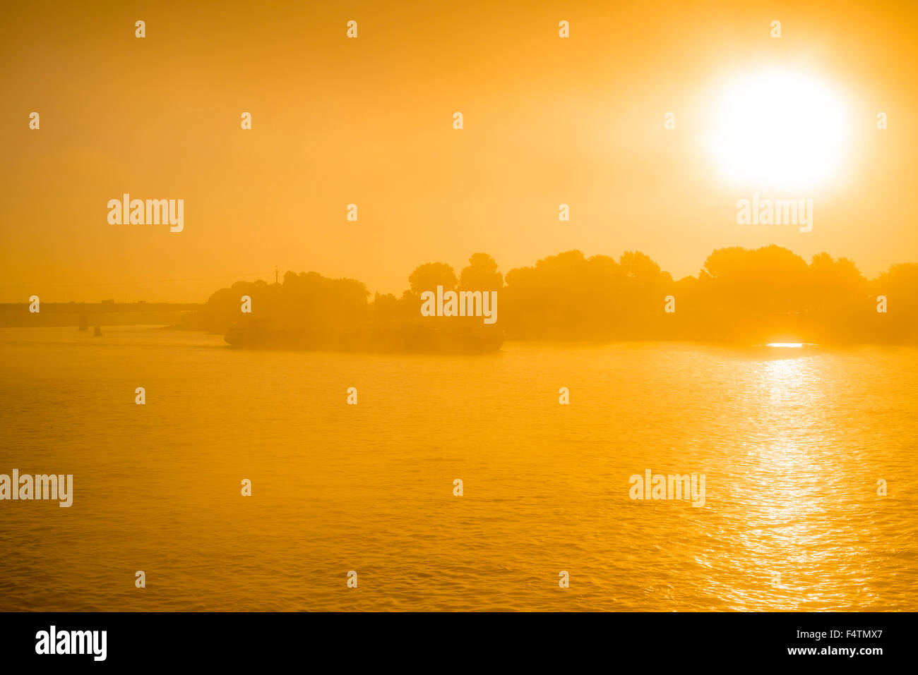 Germany, Europe, early fog, Cologne, Köln-Deutz, fog, panorama, Rhine, park, sunrise Stock Photo