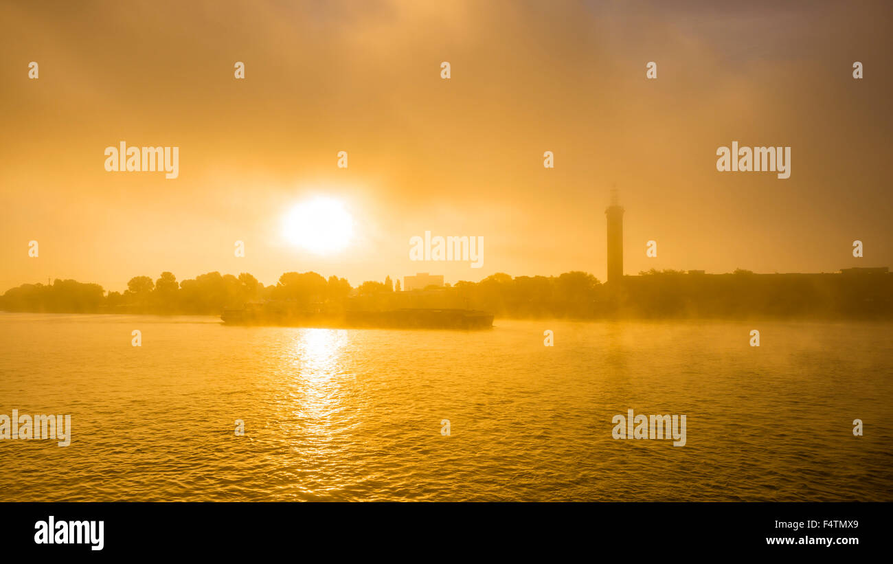 old fair tower, alter Messeturm, Germany, Europe, early fog, Cologne, Köln-Deutz, panorama, Rhine, shore, sunrise, water Stock Photo