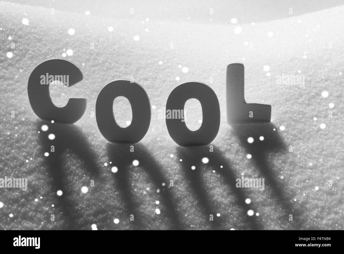 White Word Cool On Snow, Snowflakes Stock Photo