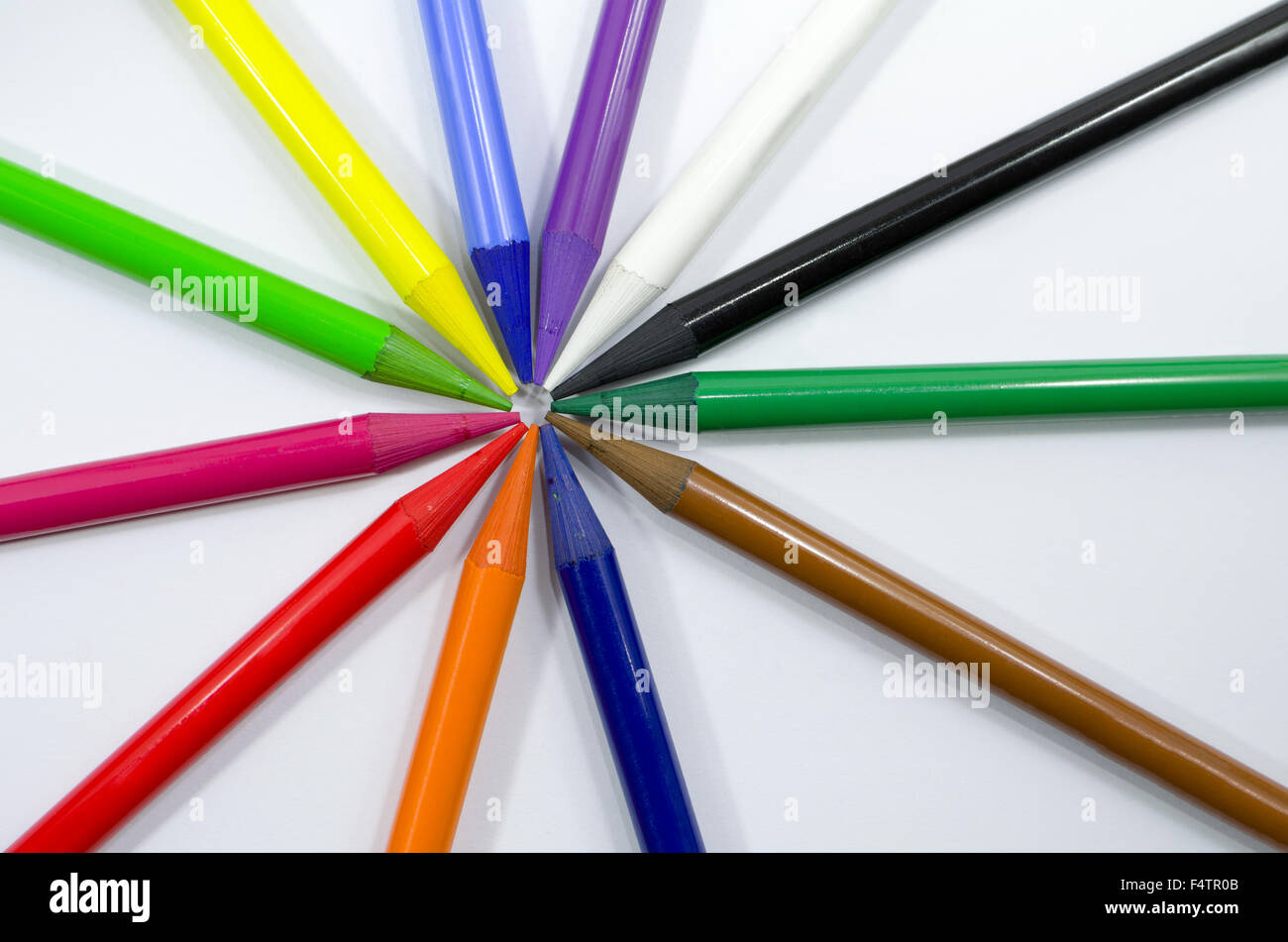 Woodless Colored Pencils Arranged in Circle Closeup Stock Photo