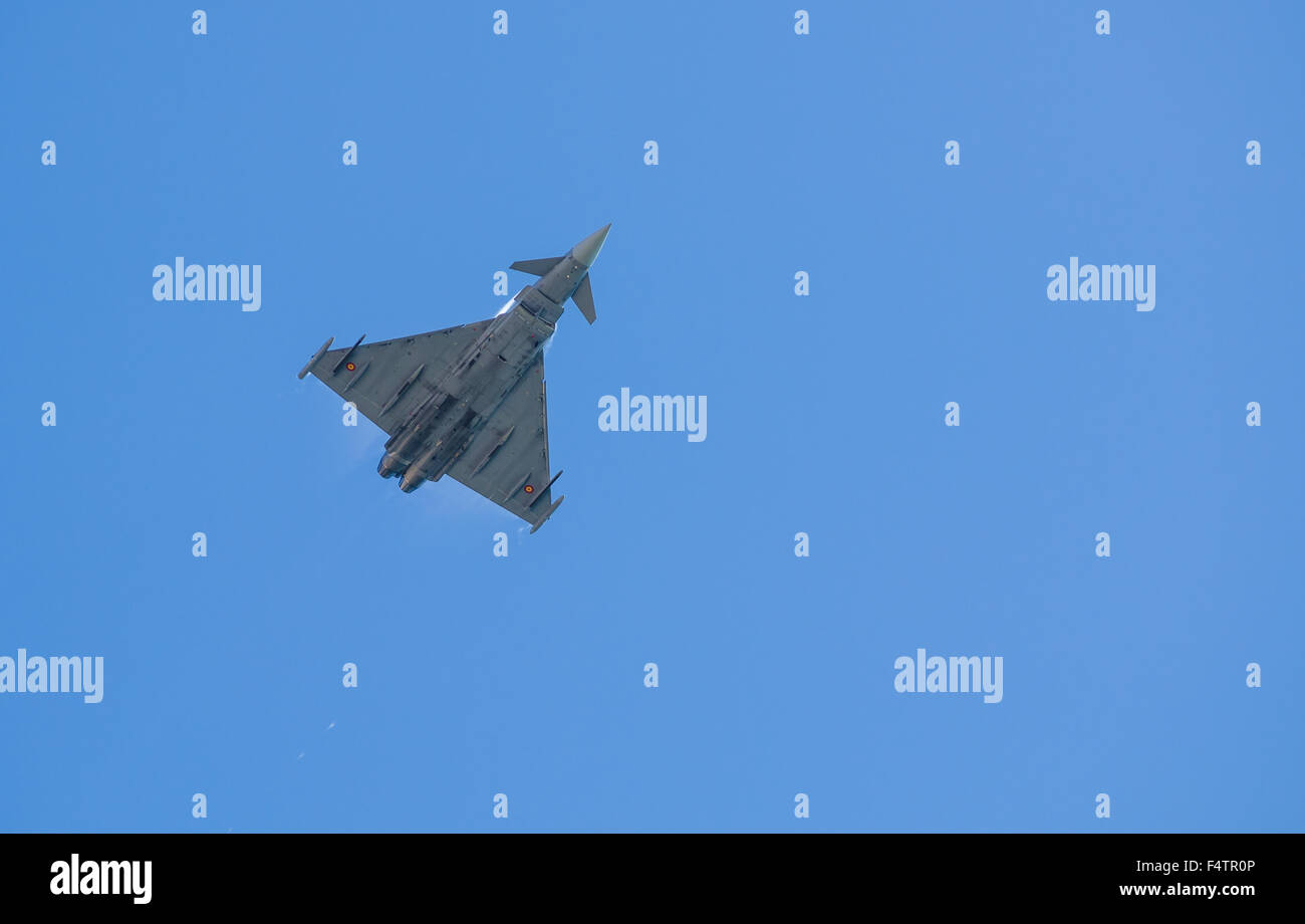 SAN JAVIER, SPAIN, OCTOBER18, 2015: High speed low pass of a Eurofighter aircraft at the air show celebrating Spains Patulla Agu Stock Photo