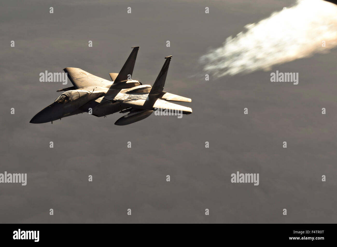 U.S Air Force F-15 Strike Eagle fighter aircraft after refueling mid-air during a mission in support of Vigilant Shield October 20, 2015 over Iqaluit, Nunavut, Canada. Stock Photo