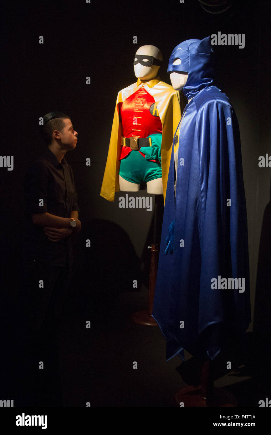 London, UK. 22/10/2015. Robin and Batman costumes worn by Rodney (Nicholas  Lindhurst) and Delboy (David Jason) from Only Fools and Horses. Costumes  from the exhibition Dressed by Angels, 175 years of costumes
