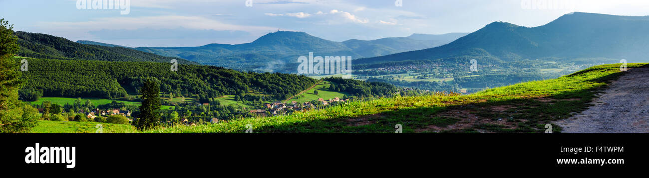 Beautiful valley panoramic view from top of the hill, Alsace, France ...