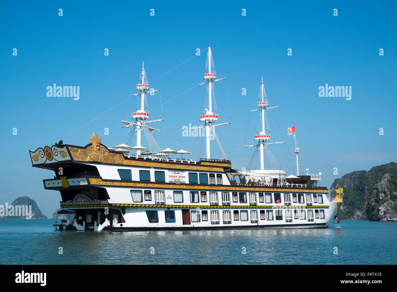 Dragon legend one cruise ship operated by Indochina Junk in Cang Do, Halong bay,Unesco world heritage site,Vietnam Stock Photo