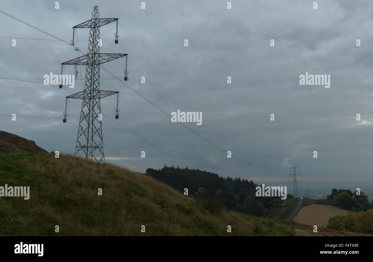 Beauly to Denny power line construction project showing new towers with cable rollers attached and general topography Stock Photo