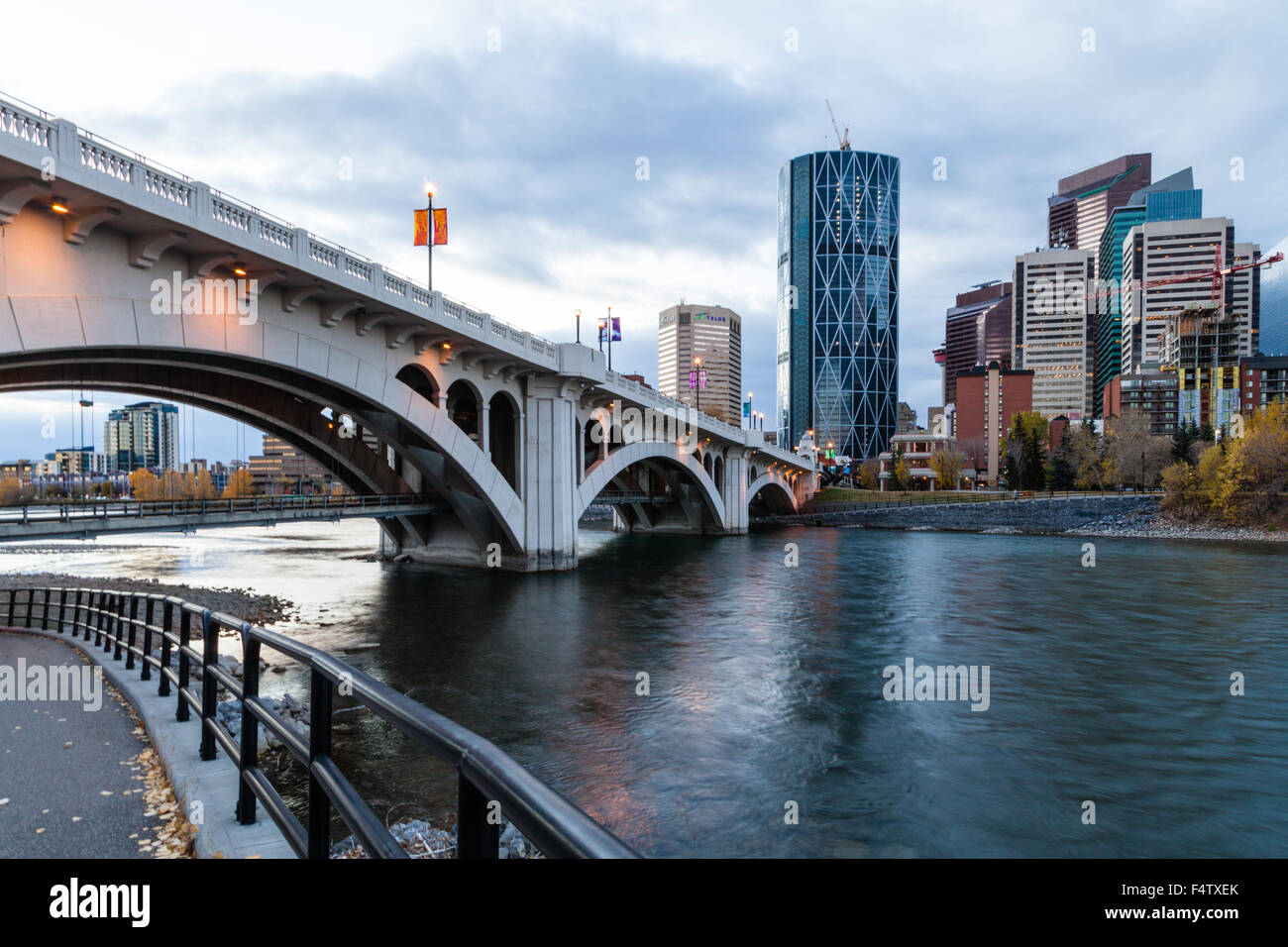 The Centre Street Bridge over Bow River leads to downtown Calgary Alberta, Canada Stock Photo