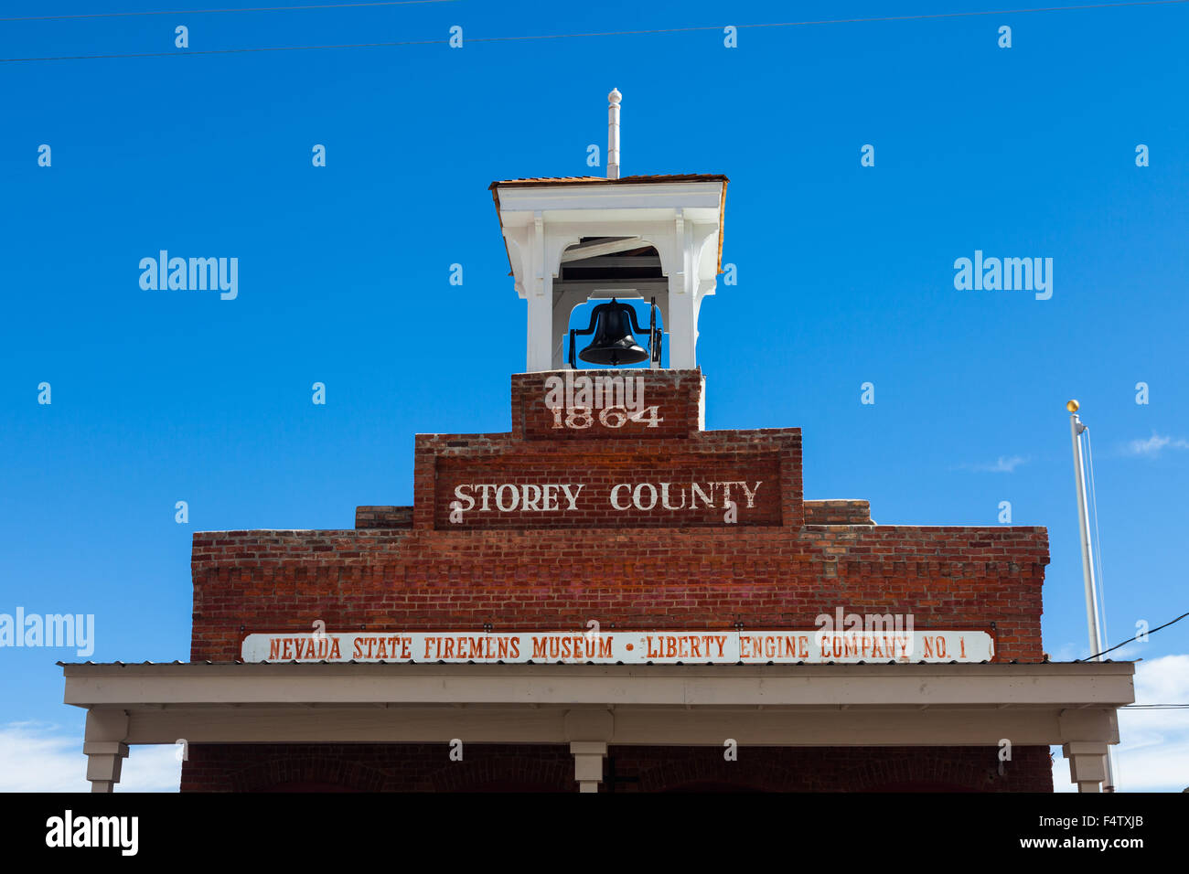 Red brick Fire Hall in Virginia City, Nevada, USA Stock Photo