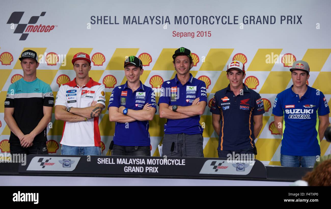 Sepang Circuit, Malaysia. 22nd Oct, 2015. The key riders, Kent, Iannone, Lorenzo, Rossi, Marquez and Vinales before the 2015 FIM Motorcycle Grand Prix of Malaysia Credit:  Tom Morgan/Alamy Live News Stock Photo
