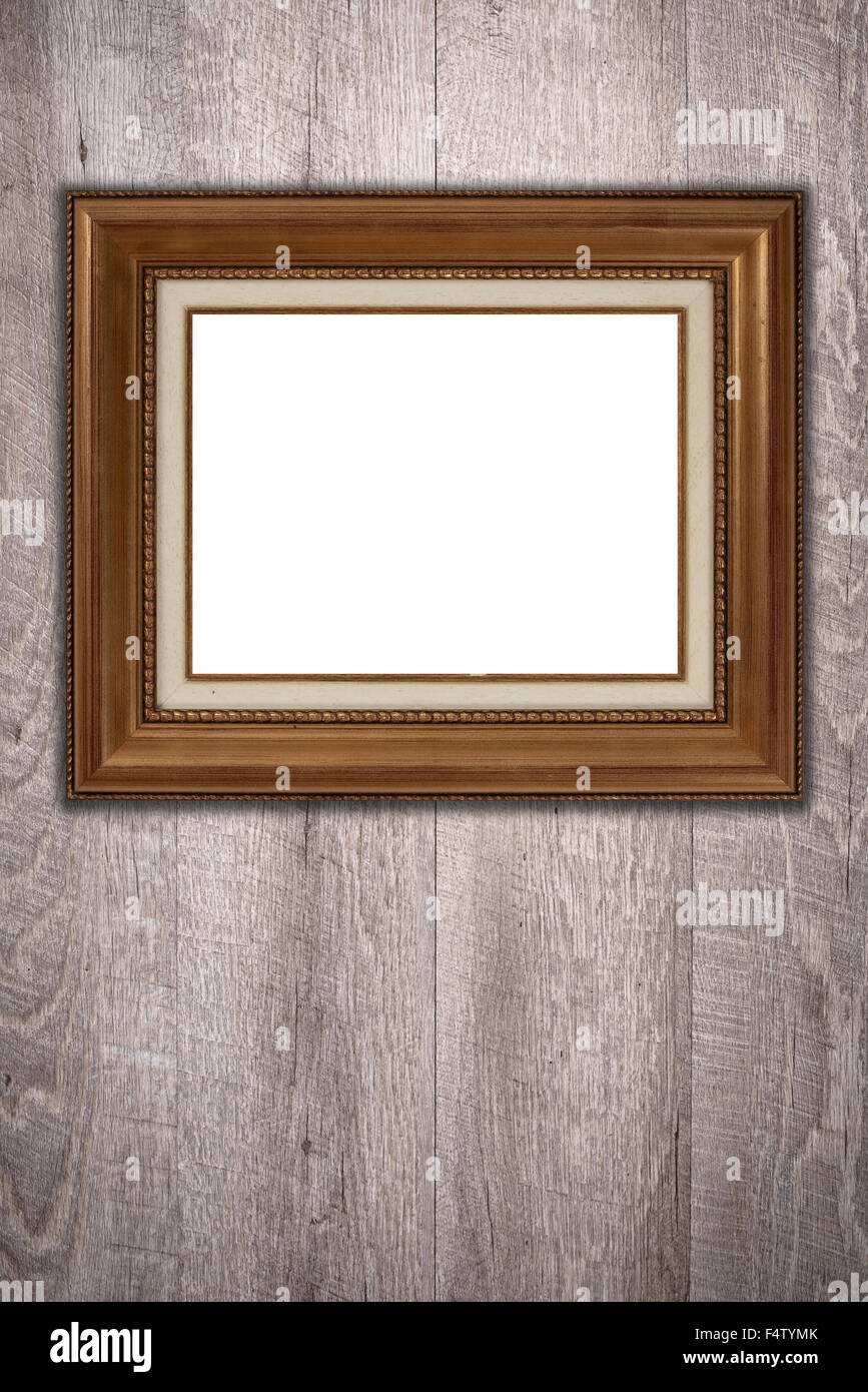 Old picture frame on vintage wood wall Stock Photo - Alamy