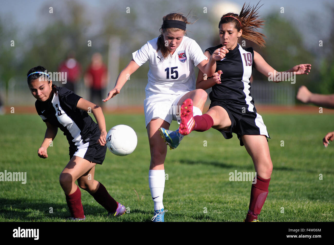 Players make contact with each other as they joust for possession of the ball during a high school soccer (football) match. USA. Stock Photo