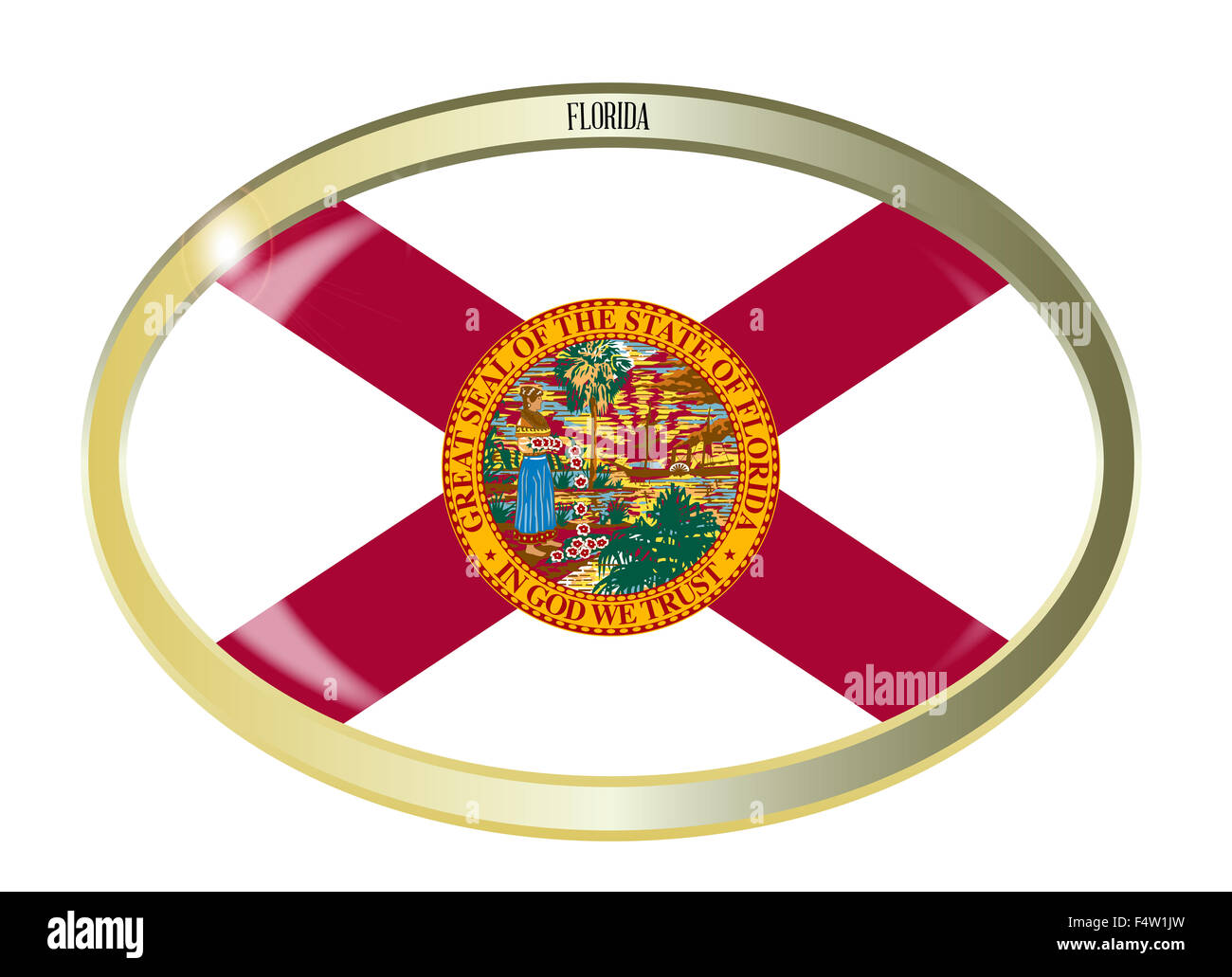 Oval metal button with the Florida flag isolated on a white background ...