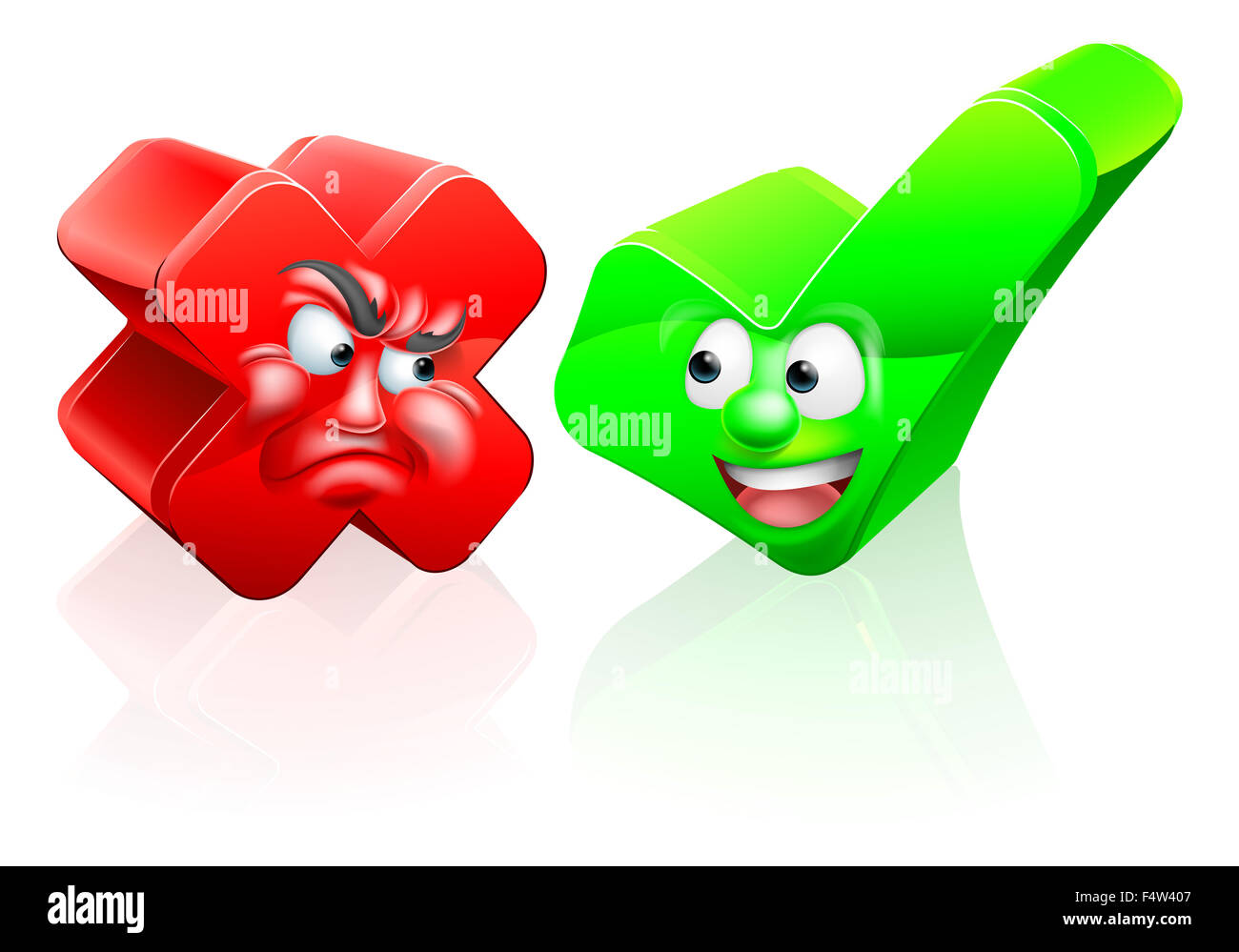A cross or X no icon and green tick check mark icon yes icon with cartoon faces Stock Photo