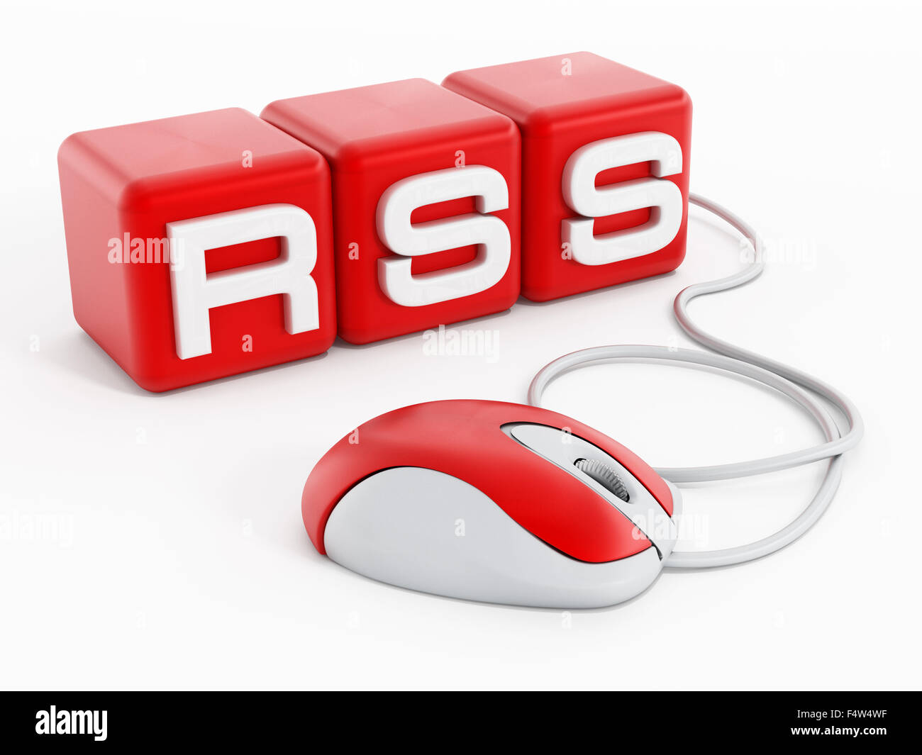 Red cubes with RSS letters connected to computer mouse isolated on ...