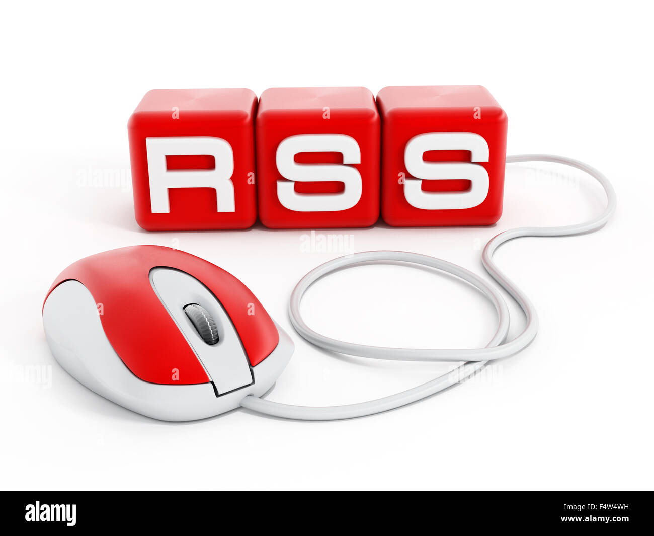 Red cubes with RSS letters connected to computer mouse isolated on white background Stock Photo