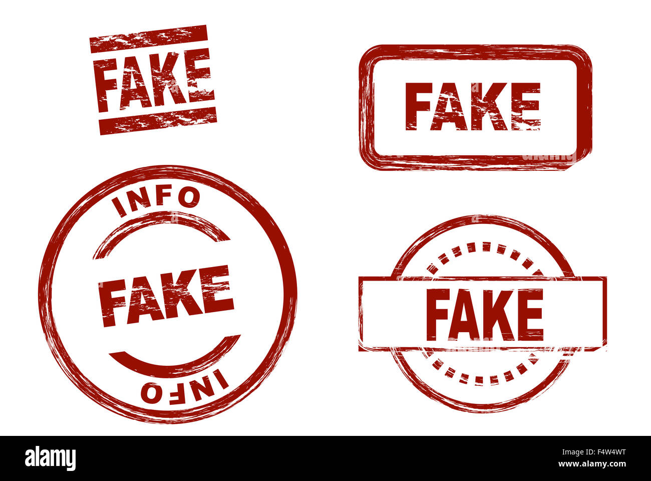 Set of stylized red stamps showing the term fake. All on white background. Stock Photo