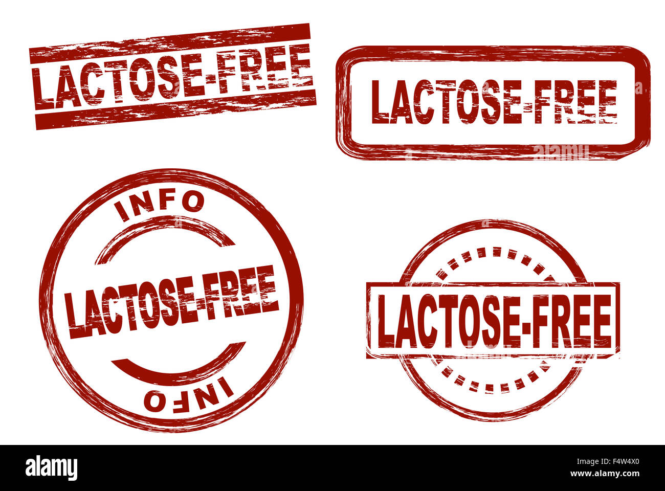 Set of stylized red stamps showing the term lactose-free. All on white background. Stock Photo