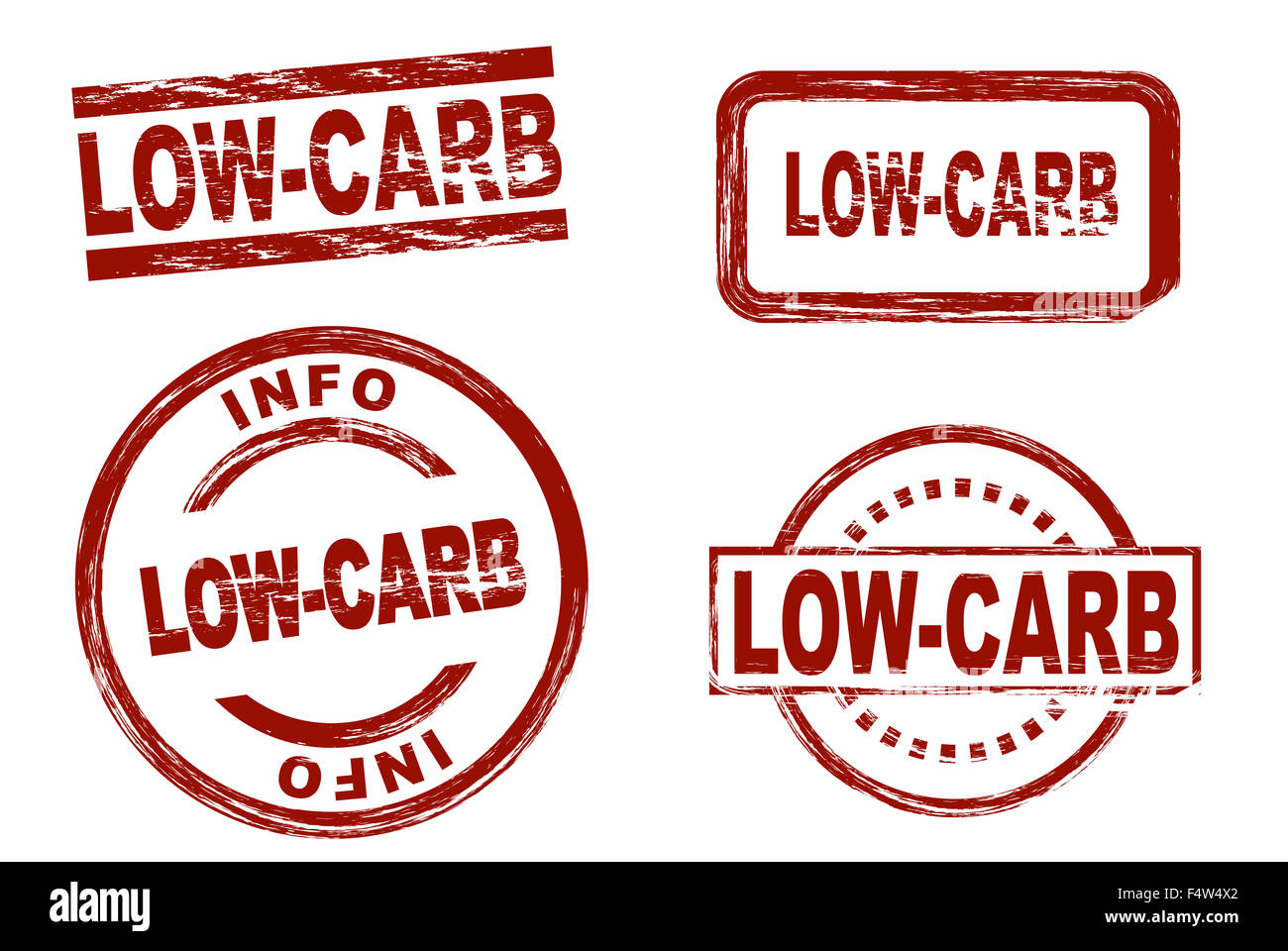 Set of stylized red stamps showing the term low-carb. All on white background. Stock Photo