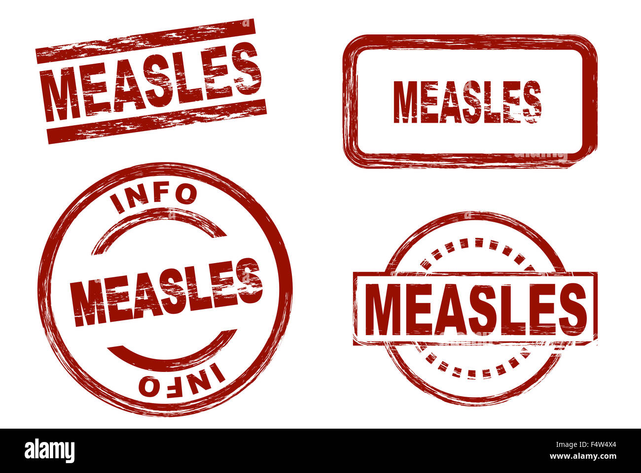 Set of stylized red stamps showing the term measles. All on white background. Stock Photo