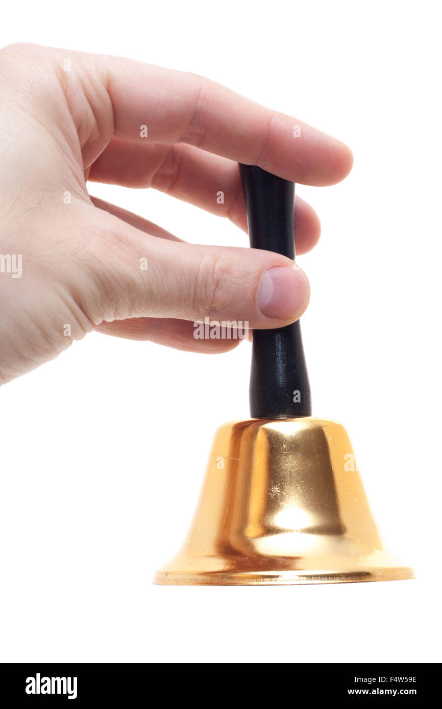 Hand ringing the bell. All on white background Stock Photo